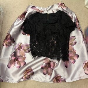 2 Piece Set - Black Lace Top/ Flower Skirt Dress